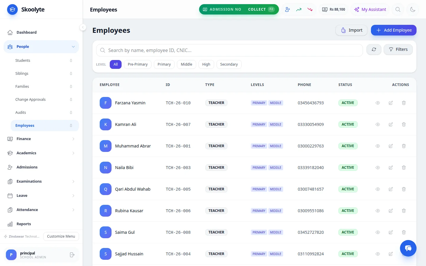 Staff list with type, levels taught and phone
